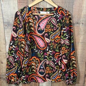 Belle Boho Kim Gravel Brown Paisley Blouse L Boho Floral Top Long Sleeve Office